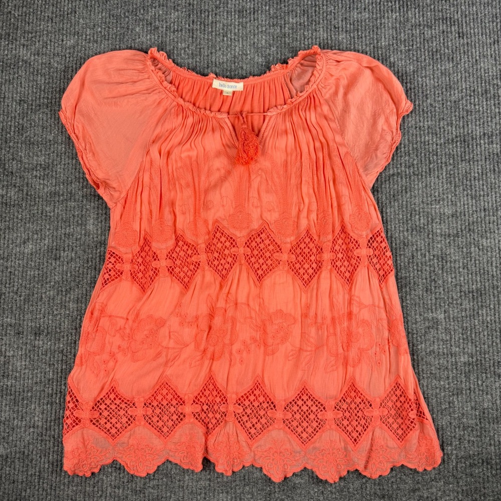 Belle France Blouse Womens L Silk Blend Embroidered Lace Boho Made in Italy